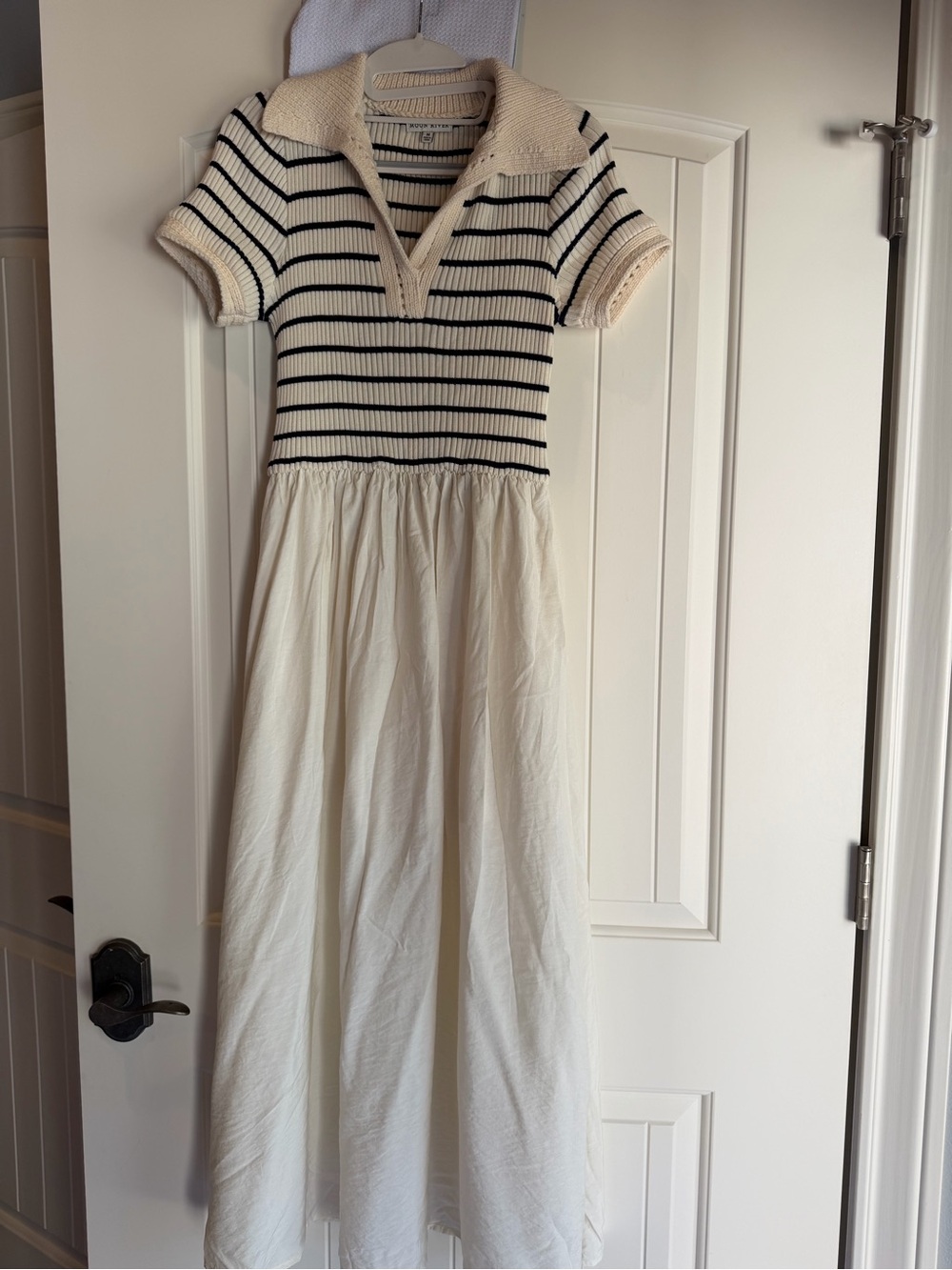 Moon River Black Ivory Striped Ribbed Polo Sweater Midi Dress Size Med - Picture 2 of 13